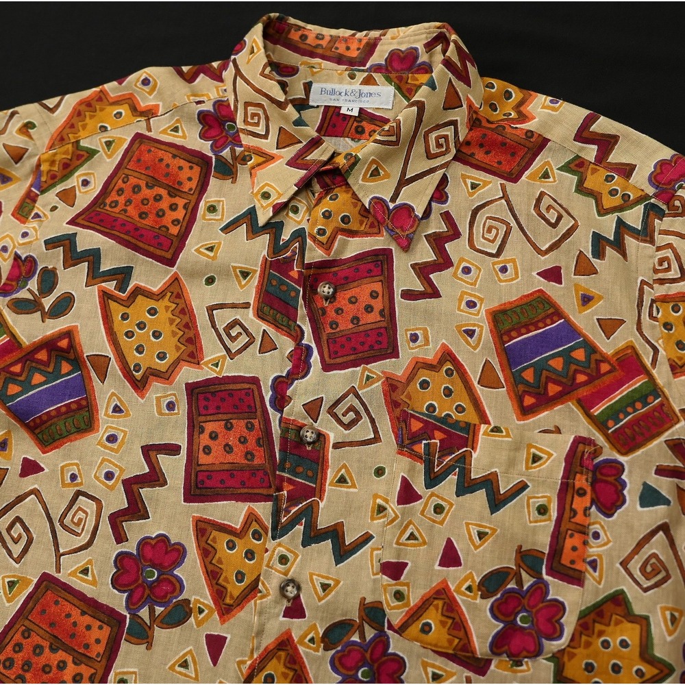 VTG Bullock & Jones Mens M Linen Cotton Abstract Geometric Flower Pot Shirt 90s